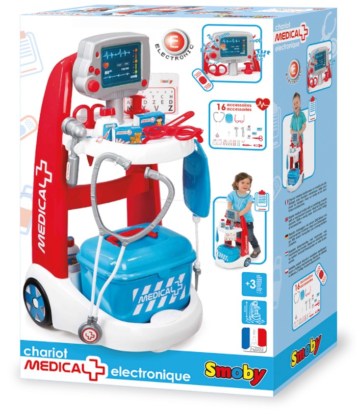 JC23 SMOBY - CHARIOT MÉDICAL ÉLECTRONIQUE AVEC 16 ACCESSOIRES - JOUER À  FAIRE SEMBLANT / Trousse de docteur et vétérinaire