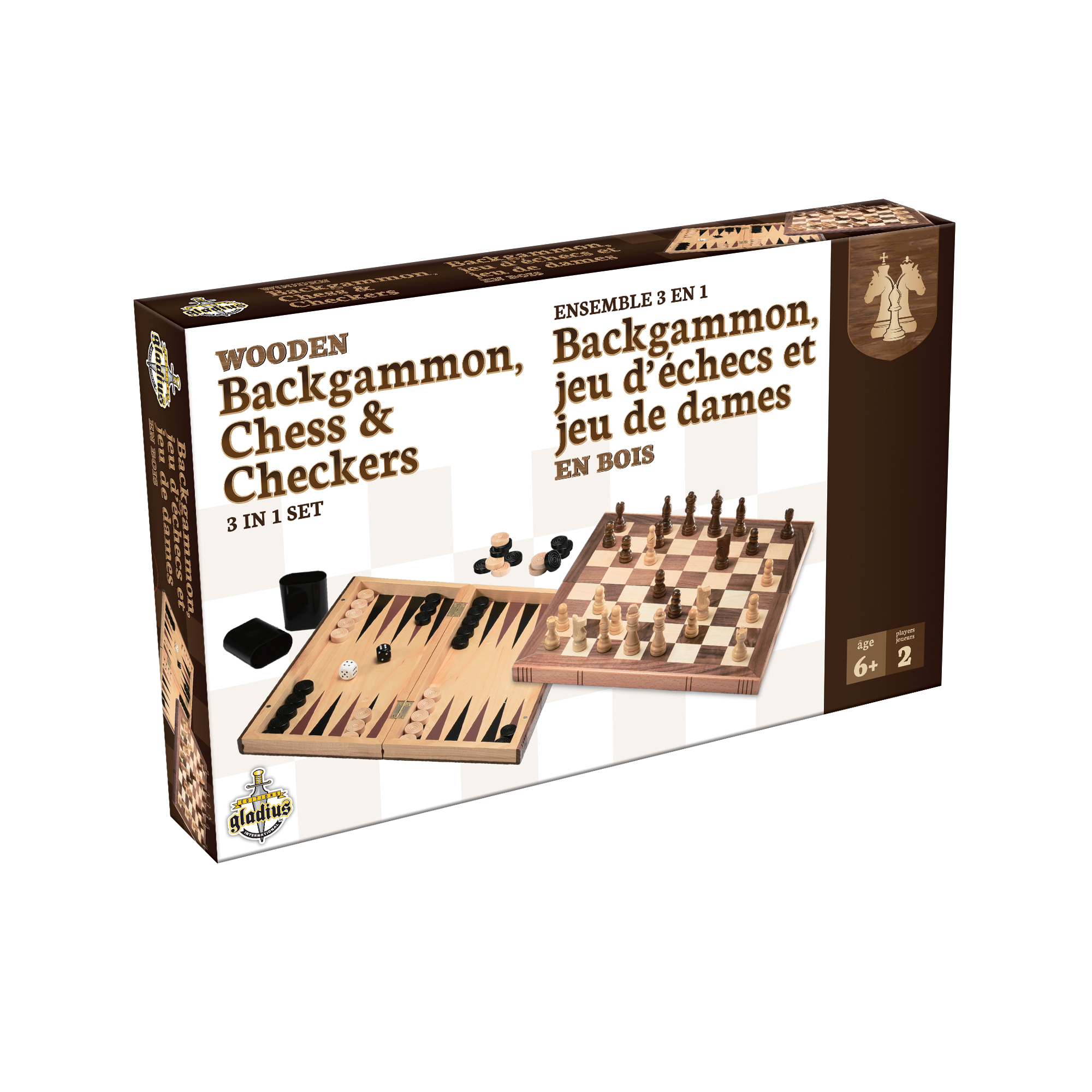 Jeu Echecs Bois 44cm Extra Large XL Dames Backgammon 3en1 Pieces Classiques