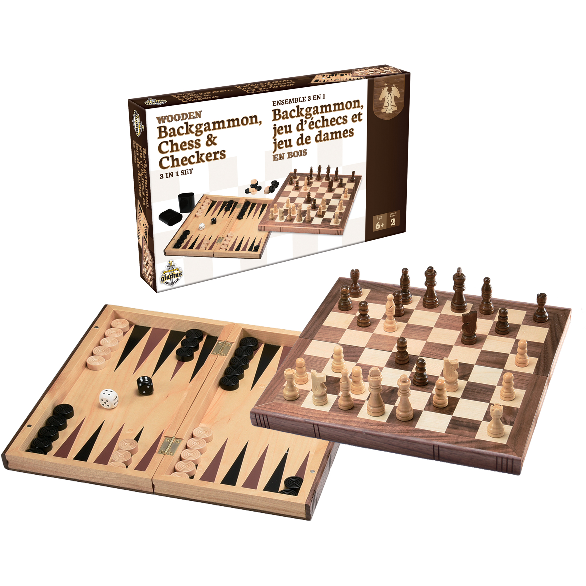 3 en 1 Naturel En bois Pliable Jeu D'échecs-dames-Backgammon Jeu 47 cm x 48 cm 