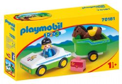 PLAYMOBIL 1-2-3 - CAVALIÈRE AVEC VOITURE ET REMORQUE #70181